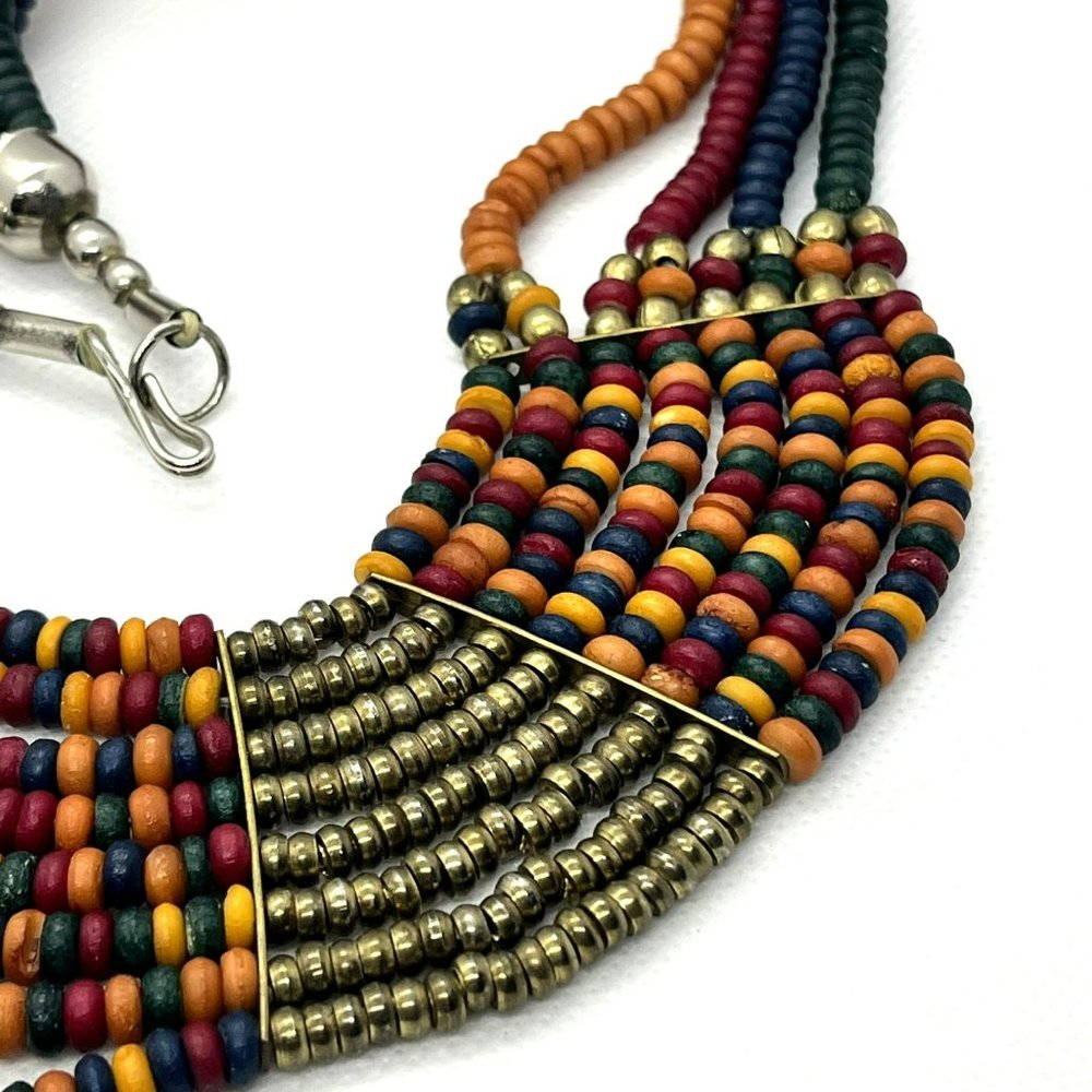 Boho Chic Trendy Multi Strand VTG Blue Red Black Natural Rondelle Bead Necklace - Picture 5 of 8